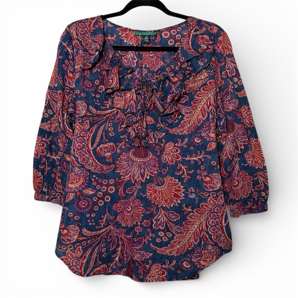 Lauren Ralph Lauren Tops - Lauren Ralph Lauren Ruffle Front Paisley 100% Cotton Blouse Size Large